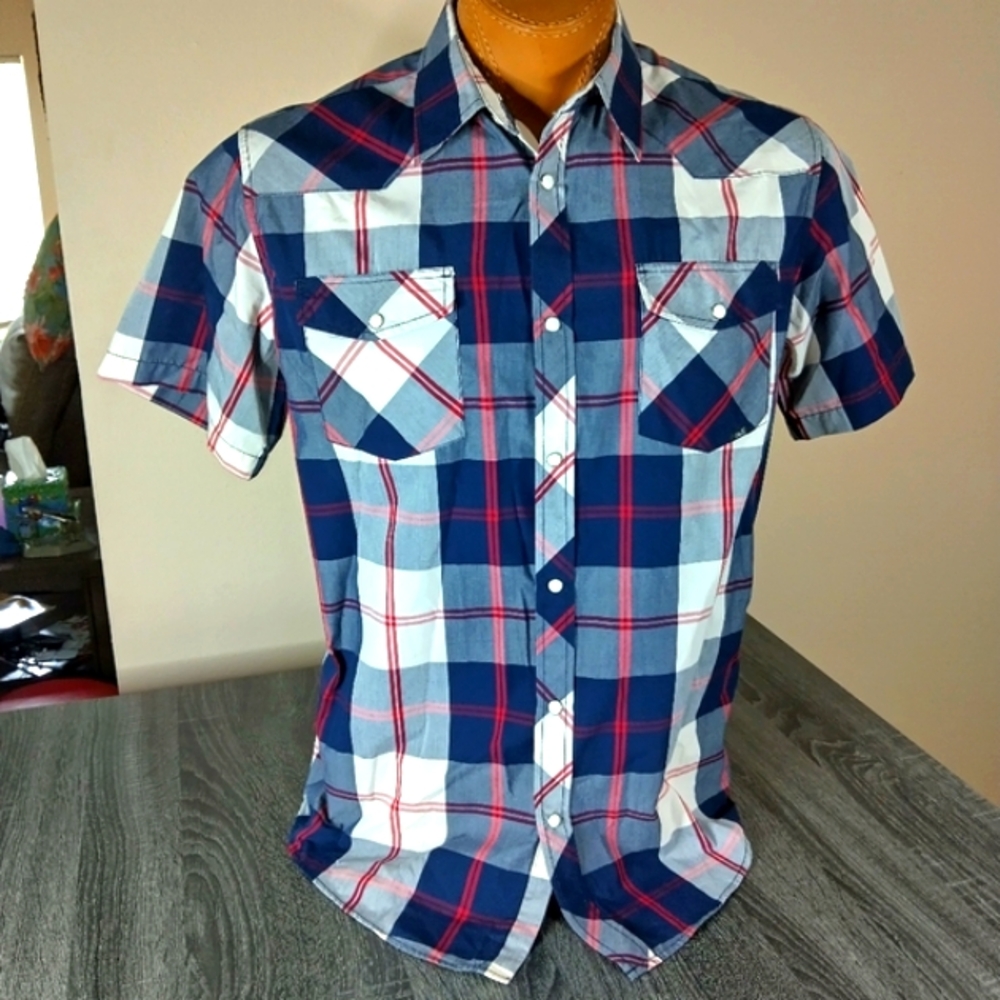 Costal Mens L  shirt Blue Red White plaid excellent condition short sleeve
